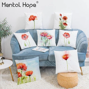 

Plant Pattern Plush Cushion Cover Red Flower Printed Throw Pillow Cover Home Decor Living Room Square White Pillowcase for Sofa