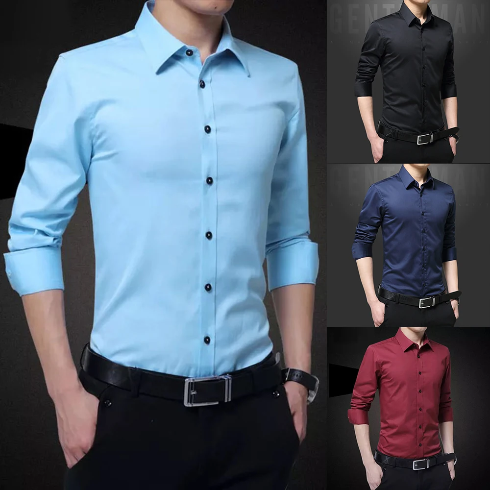 Мягкие весенние мужские рубашки с длинным рукавом и отложным воротником, корейский стиль, приталенная однотонная деловая рубашка, топы, мужские белые рубашки на пуговицах, 5XL