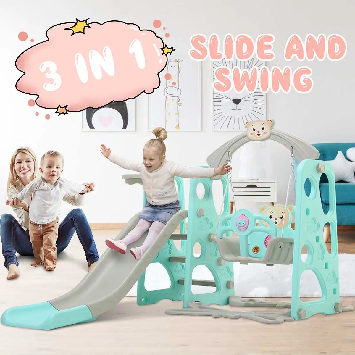 Blue ENHENG 3 in 1 Children Slide Swing Basketball Hoop Home Kids Playground Plastic Slides Set Toy Indoor Outdoor Climbing Family Kindergarten 