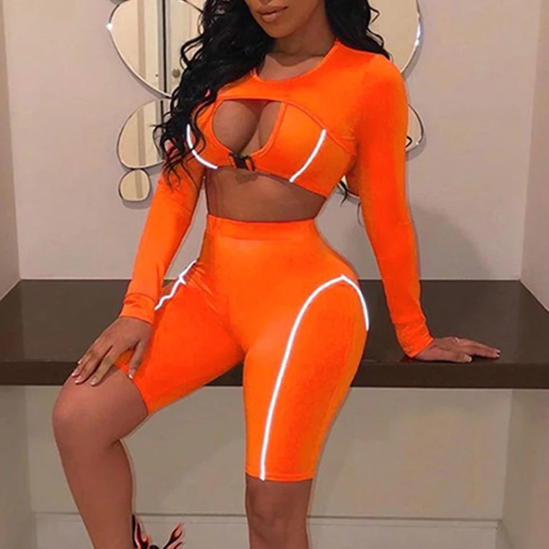 

2 Piece Sets Womens Outfits Reflective Biker Shorts Tops Set Slim Skinny Hollow Out Long Sleeve Crop Top Sports Suits Sweatsuit