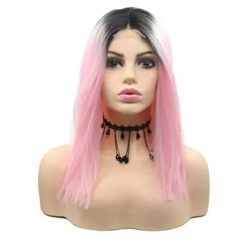 

Sylvia Synthetic Lace Front Wigs Short Straight Bob Pink Ombre With Dark Roots Heat Resistant Fiber for Women Natural Looking