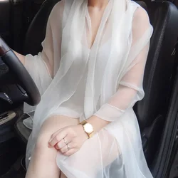 Korean Solid Color Transparent Sexy Thin Chiffon Beach Towel Sunscreen Shawl Women Summer Air Conditioning Ice Silk Scarf T63