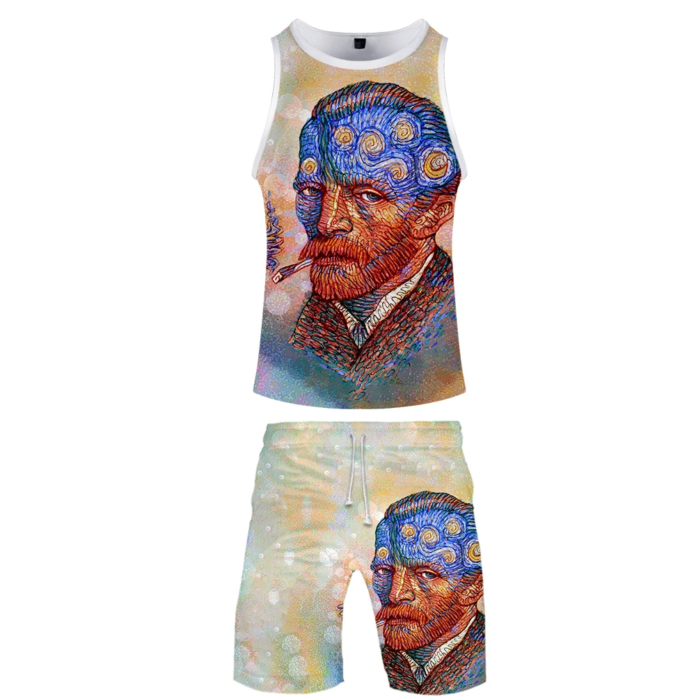 World famous painting art Two Pieces Sets  Short sleeve Tops And High Waist Shorts Suits 2019 Autumn
