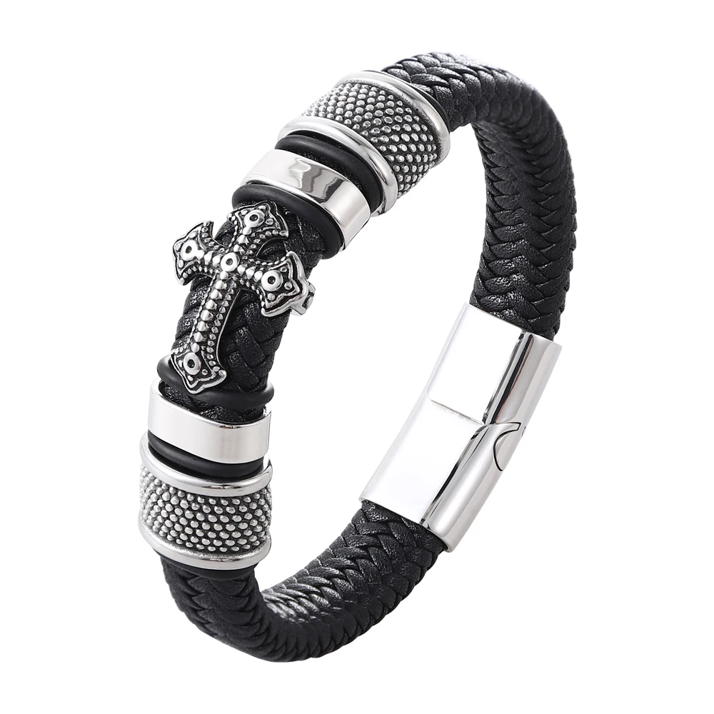 Wholesale Cross Stainless Steel Men’s Leather Bracelet Magnetic Clasp for Friend Fashion Jewelry Gifts Free Shipping