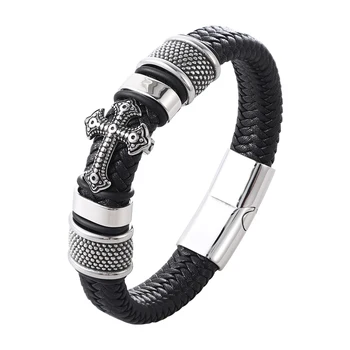 Wholesale Cross Stainless Steel Men’s Leather Bracelet Magnetic Clasp for Friend Fashion Jewelry Gifts Free Shipping
