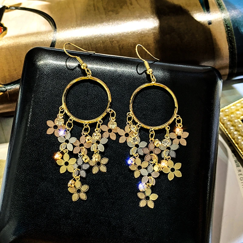 

DREJEW Gold Flower Circle Tassel Alloy Statement Dangle Earrings Sets 2019 925 Drop Earrings for Women Fashion Jewelry HE0751