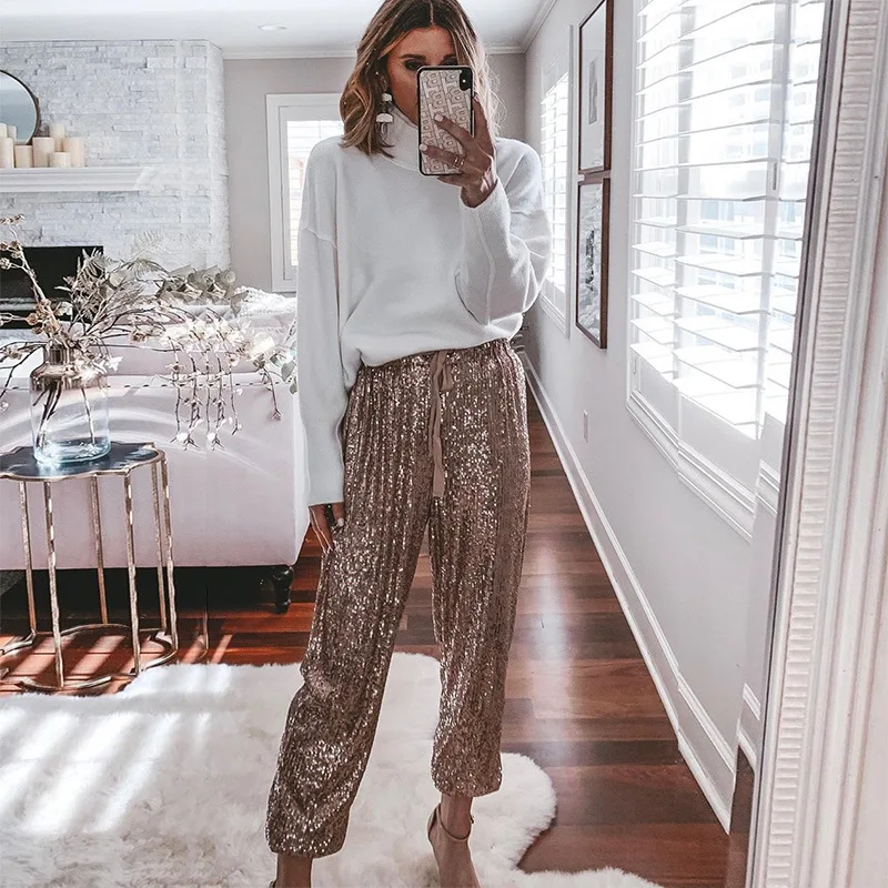 

BKLD Loose Long High Waist Wide Leg Pants For Women Fashion Sequin Drawstring Pants 2019 Autumn Clubwear Women Gold Trousers