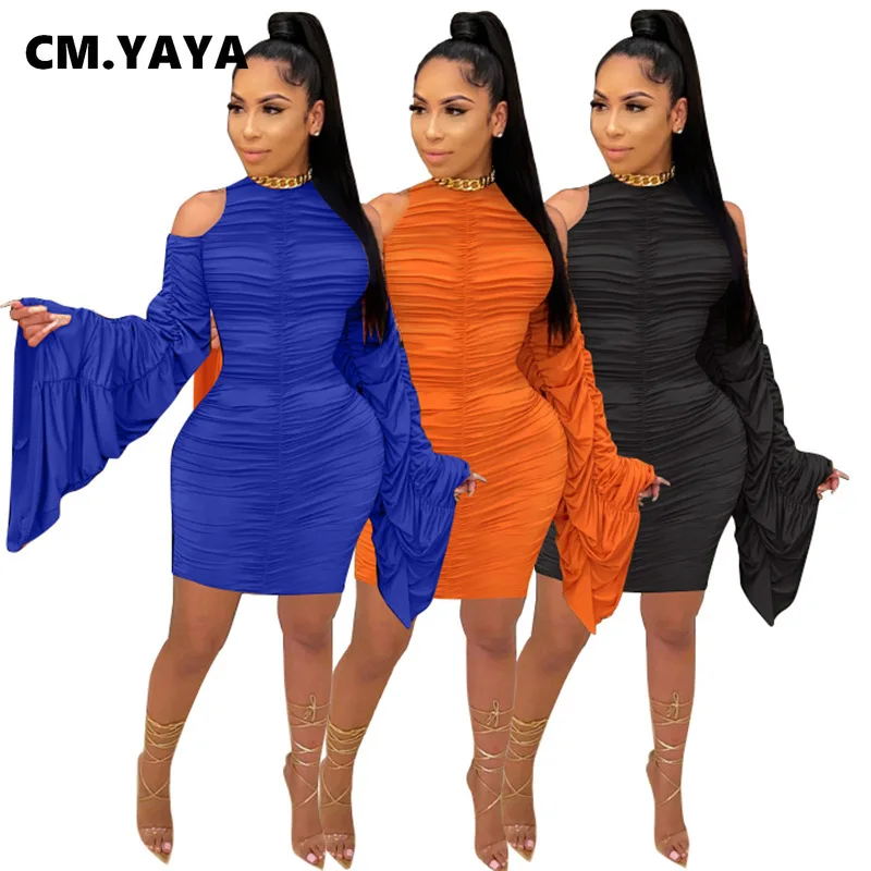 CM.YAYA Autumn Stacked Ruched Women Flare Long Sleeve Midi Dress Sexy Boycon Club Party Night Cutout Shoulder Pencil Dresses | Женская