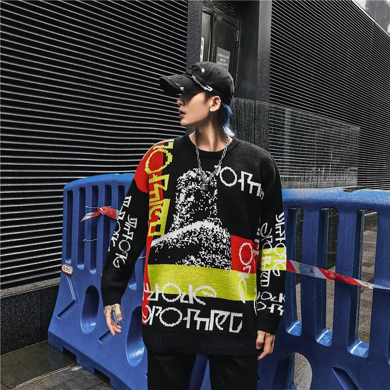 Harajuku трикотажные свитера мужские хип-хоп печати свободный пуловер свитер уличная Мужская Женская мода зима одежда WG587