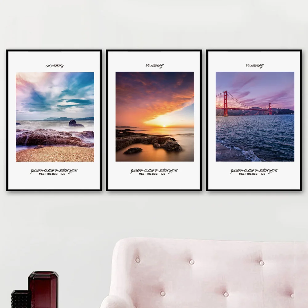 Морской пляж мост цитаты пейзаж скандинавский настенный художественный холст