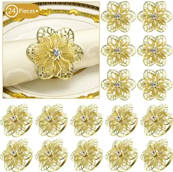 

24pcs Alloy Napkin Rings with Hollow Out Flower Holder Floral Rhinestone Adornment Exquisite Household for Wedding Banquet