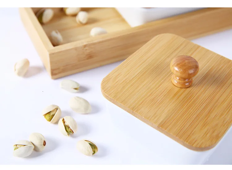 Ceramic Bamboo Storage Tray With Lid Dry Fruit Dessert Dish Japanese Removable Multi Grid Plate Candy Dried Snack Dessert Tray