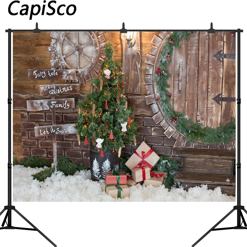 

Capisco Winter Backdrops Christmas Tree Snow Gift fairy tale Wooden house Kid Gift Pine Backgrounds Photocall For Photo Studio