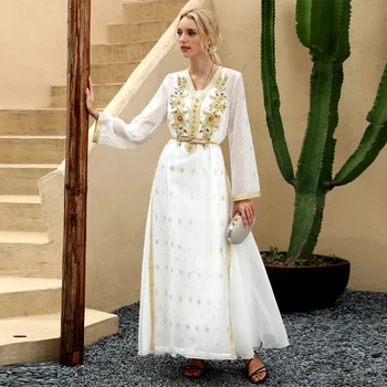 

WEPBEL Middle East Rhinestone Dress Dubai Middle East Evening Dress Muslim Abaya Full Sleeve V Neck Fashion With Belt