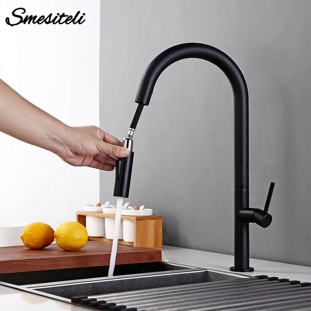 Brass Faucet Kitchen-Pull-Out Black Taps Brushed Rotation Chrome Stainless-Steel Hot-And-Cold-Water-Sink
