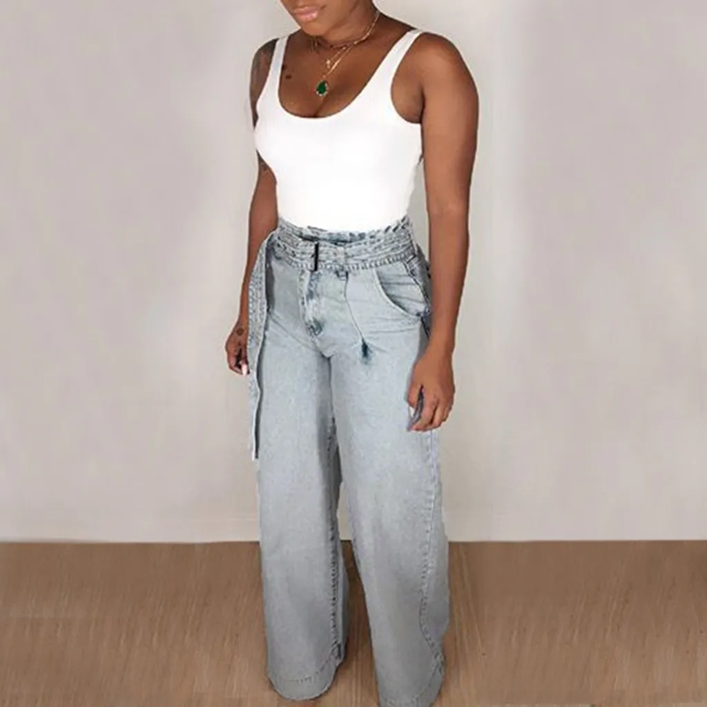 Женские джинсы, Зимняя мода, свободные с поясом, высокая талия, джинсы для женщин в стиле бойфренд, с карманами, одноцветные джинсы, mujer S10