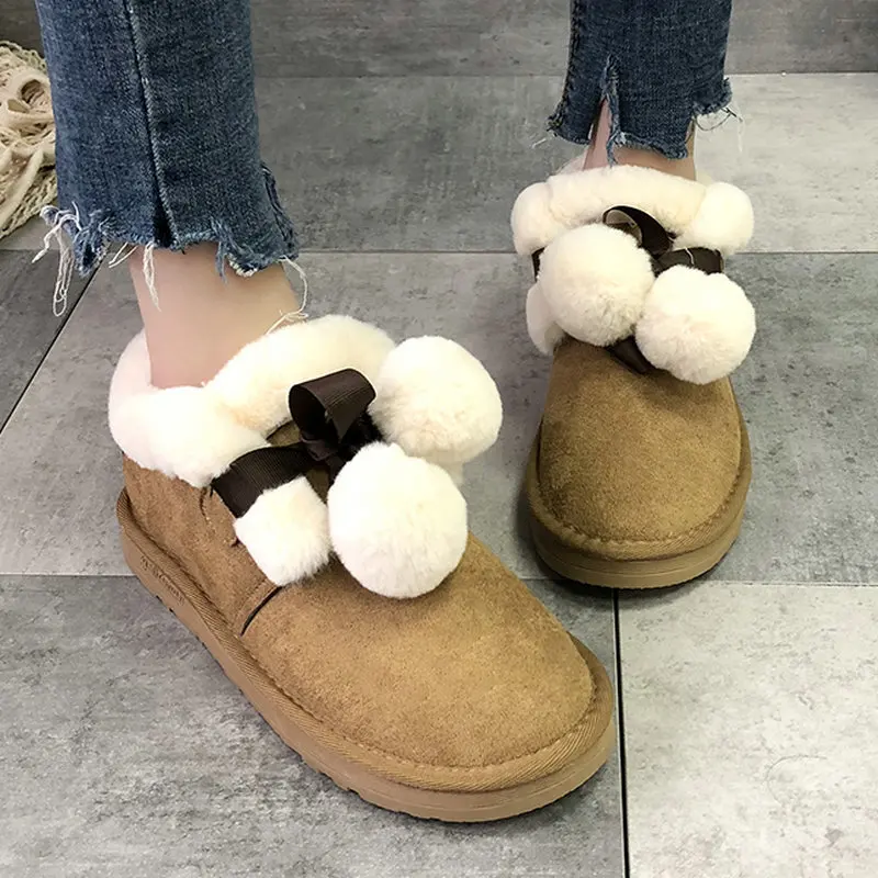Size 35-50 Nice New Soft Ankle Boots Women Winter Fur Balls Warm Shoes Woman Platform Heels College Girls Casual Snow Boot