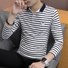 BINHIIRO Осенняя мужская рубашка поло из смесового хлопка в полоску, Повседневная рубашка поло с длинным рукавом, Модная тонкая мужская рубашка поло с длинным рукавом