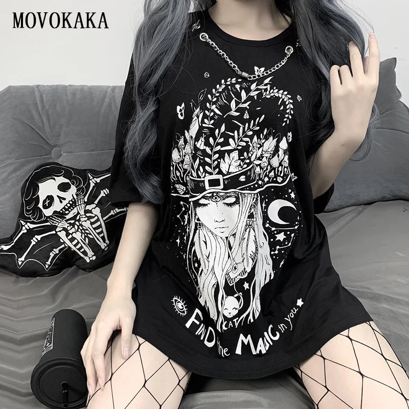 

MOVOKAKA Fashion Ins Summer T Shirt Women Cotton Tshirt Women Print Tee Shirt Femme Chain T Shirts Tops Long T Shirt Women Funny
