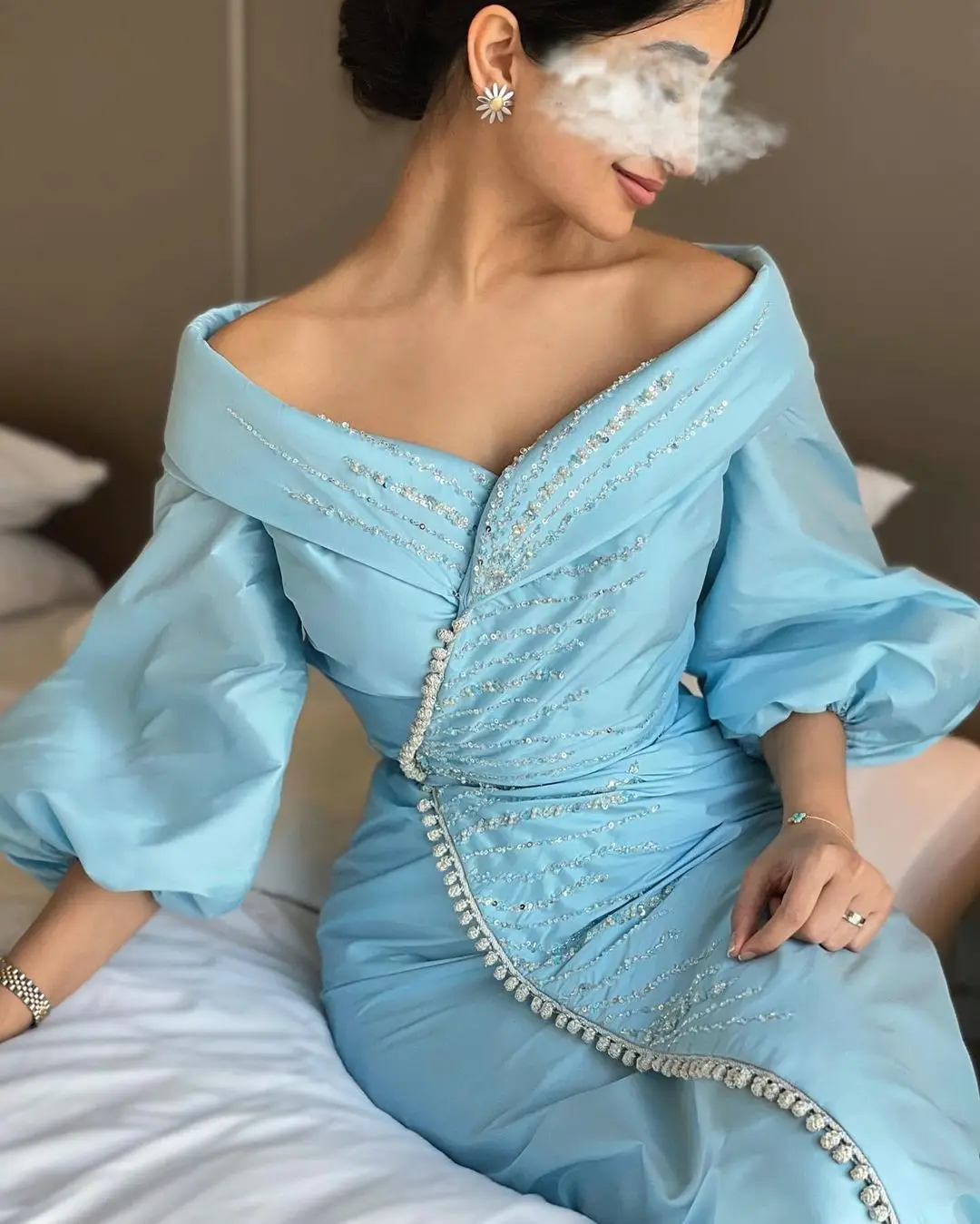 Mermaid Evening Dresses 2022 Satin Beaded Long Sleeves Robe De Soiree Off the Shoulder Vestidos Elegantes Para Mujer Evening Dresses