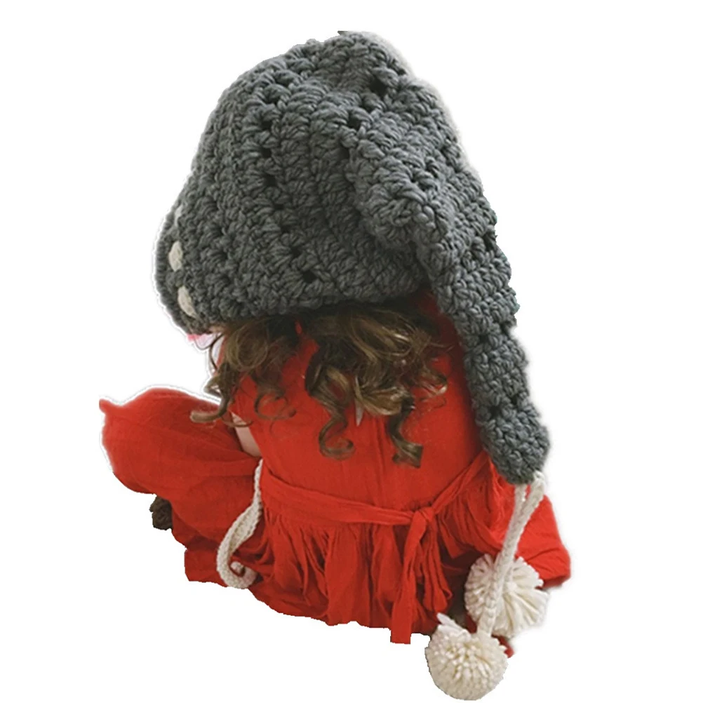Autumn Winter Cap Woolen Yarn Wool Crochet Long Tail Hat Knitted Beanie for Kids Children(Grey