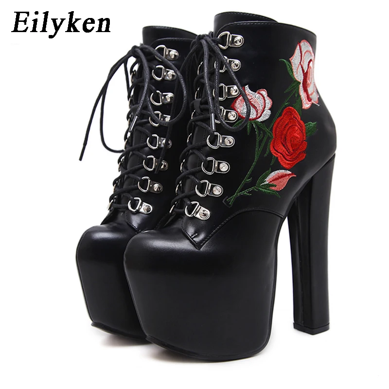 

Eilyken Embroidered High Heels Women Boots Lace Up Round Toe PU Leather Female Boot Platform Shoes Women Winter 2019 New