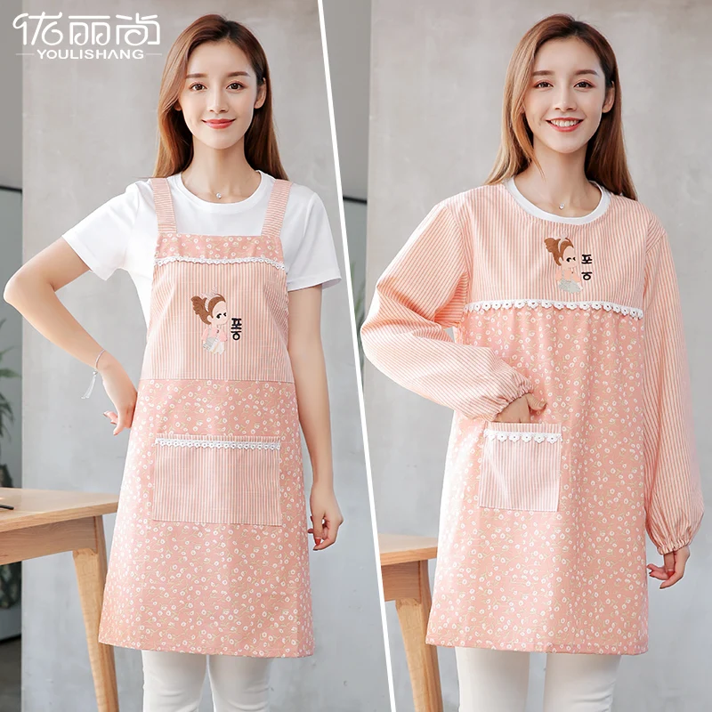 

Apron Korean fashion kitchen gowns with sleeves female long sleeves cute Japanese waist home anti-oil cooking work clothes