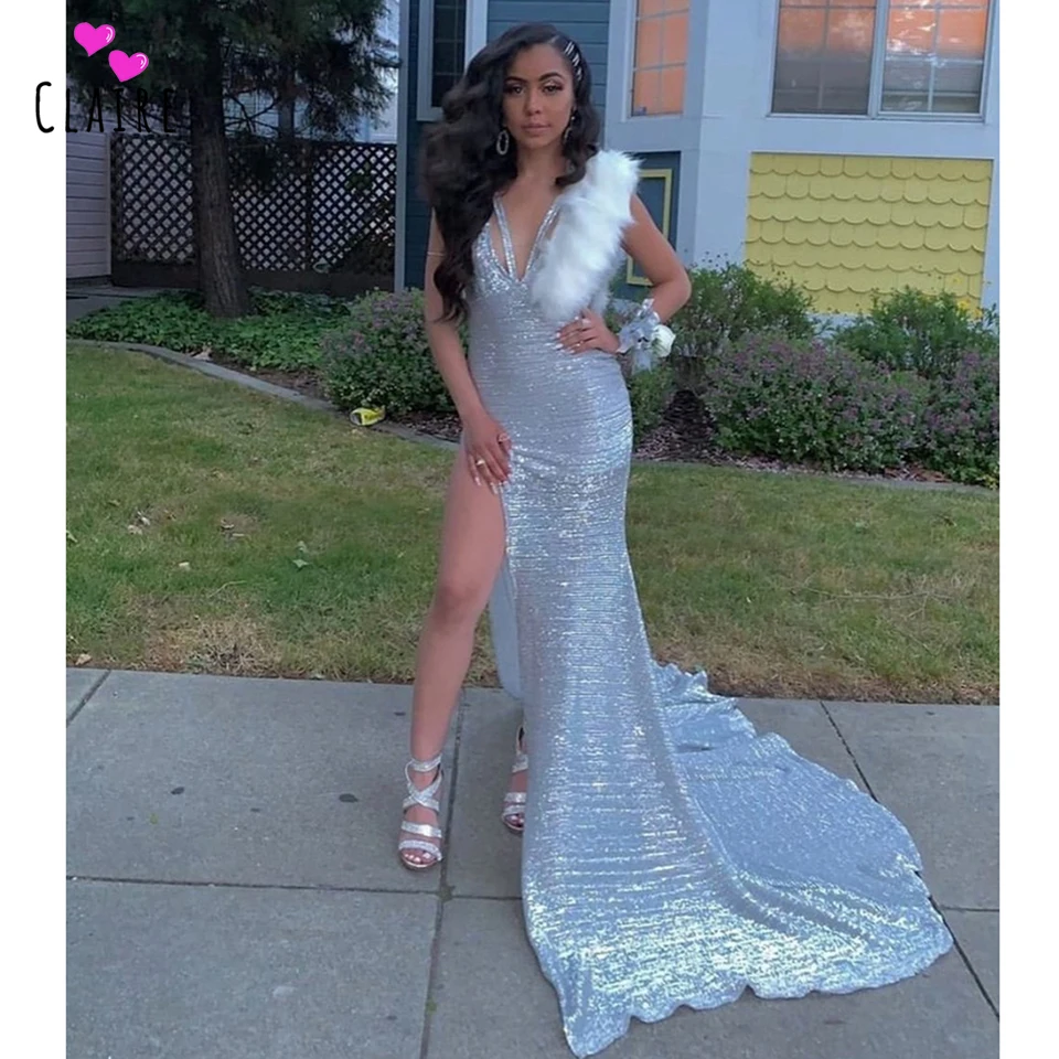 

Silver Long Prom Dresses 2019 Plunging V Neck Mermaid High Side Split Sequined Formal Dress robe de soiree With Feathers CP153
