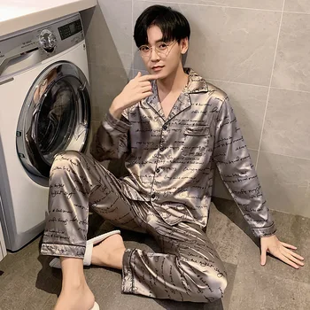 

New Men's Ice Silk Long-Sleeved Two-Piece Thin Section Artificial Silk Casual Trendy Homewear