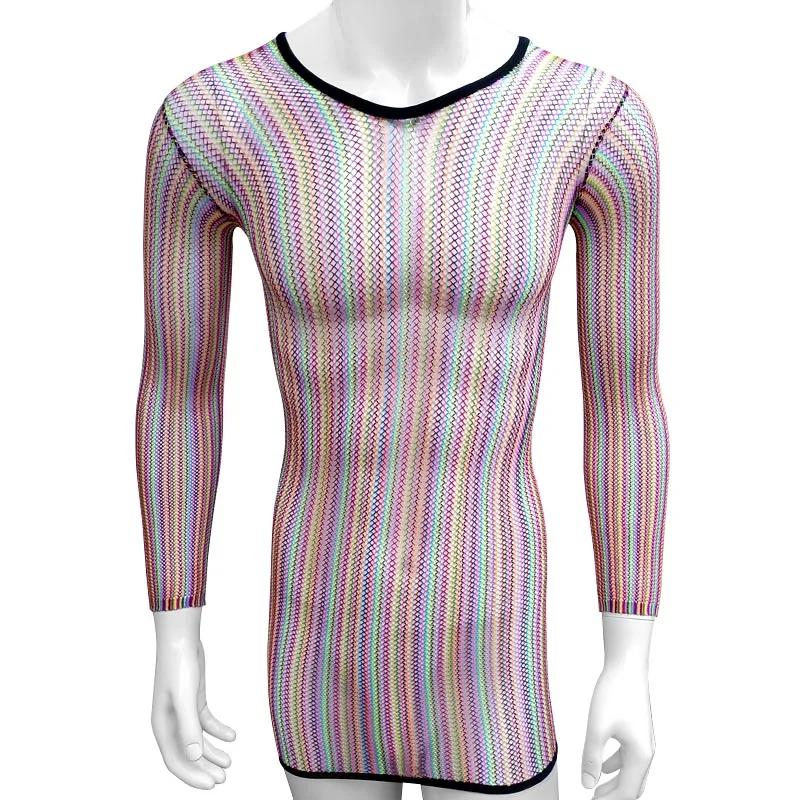 

See through Fishnet Sexy lingerie Dress Rainbow Color long sleeve Erotic Sissy Chemise Sheath Lady Striped Sleepwear Babydoll