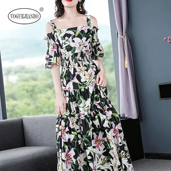 

2019 new strap print dress one word shoulder long section lily dress sexy vestidos de fiesta vintage ladies dresses floral dress