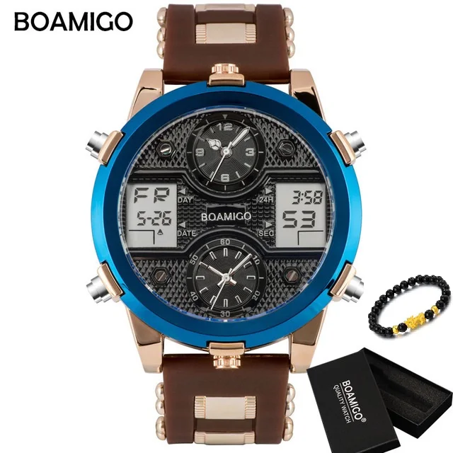 Brown with Box BOAMIGO Мужские кварцевые светодиодный цифровые 3 мужские часы, наручные часы Топ Роскошные, спортивные и фирменные часы мужские золотые военные наручные часы мужские - Цвет: Brown with Box