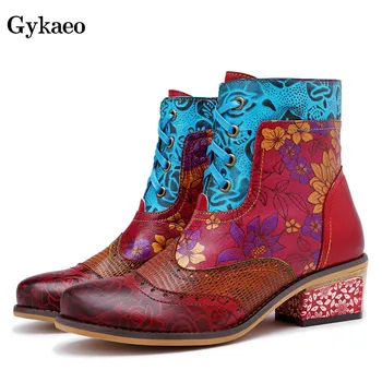 

Gykaeo European and American Style Casual Retro Genuine Leather Women Boots Ladies Plus Size Printed Cowboy Boots Zapatos Mujer