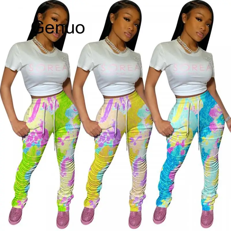 Colorful High Waist Ruched Stacked Leggings Pants Women Joggers 2020 Elastic Summer Bell Bottom Trouser Flare Sweatpants