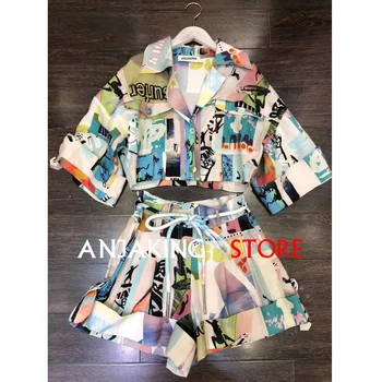 

High Quality New Women's Middle Sleeve Shorts Set fashion 2-Piece Casual Basic Shorts Set Linen Printing Wild Tops Set