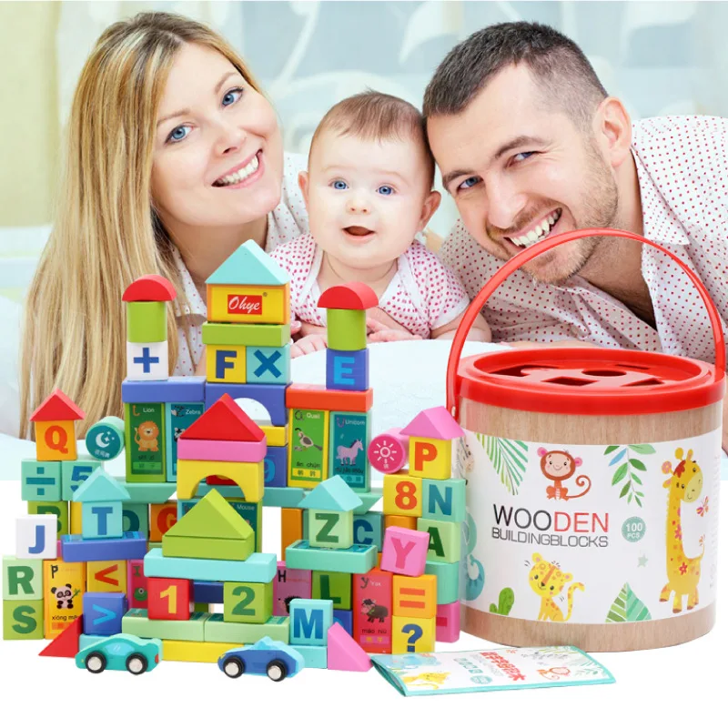 0-14 Years Environmental Protection Wooden 100 Pieces Barreled Children's Digital Alphabet Scene Building Sracking Block Toys