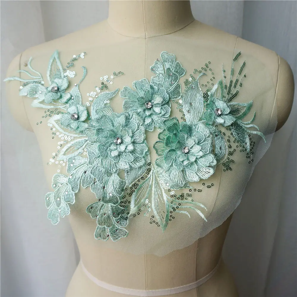 Mint Green 3d Flower Leaf Lace Fabric Sequin Rhinestone