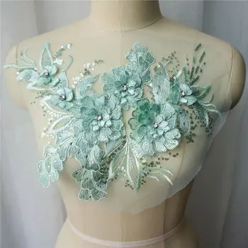 

Mint Green 3D Flower Leaf Lace Fabric Sequin Rhinestone Embroidered Gown Appliques Collar Mesh Sew Patch For Wedding Decoration