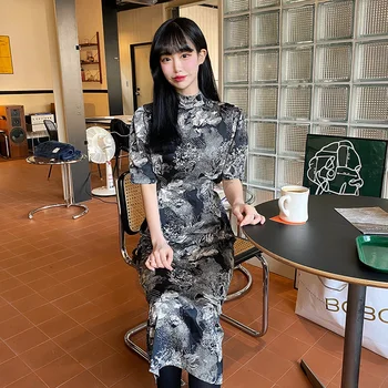 

YAMDI party woman elegant summer dresses short sleeve korean a-line vintage midi dress women 2020 ptint stand collar vestidos