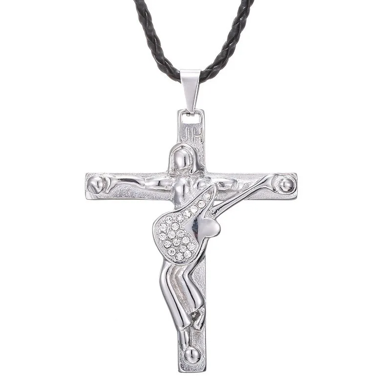 Johnny Hallyday Guitar Cross Pendant Necklace Stainless Steel Charm Choker Necklaces For Women Men Necklace Christian Gift