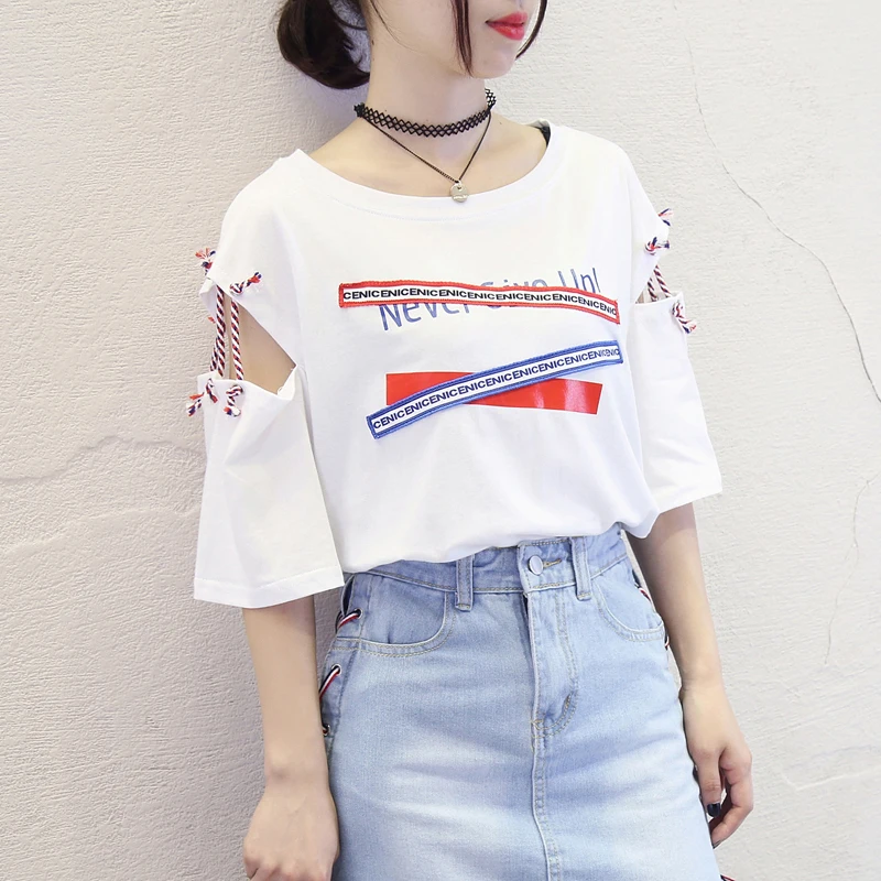 

Hollow Out Women Tshirt 2019 Summer korean harajuku White vogue top Short Sleeve friends print funny kawaii Plus size streetwear