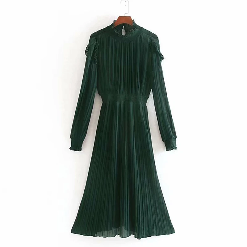 CCDR2335 AGong Stand Collar Dresses Women Fashion Solid Slim Cascading Dress Women Elegant Pleated Mid Calf Dresses Female Ladies JN - Цвет: CCDR2335