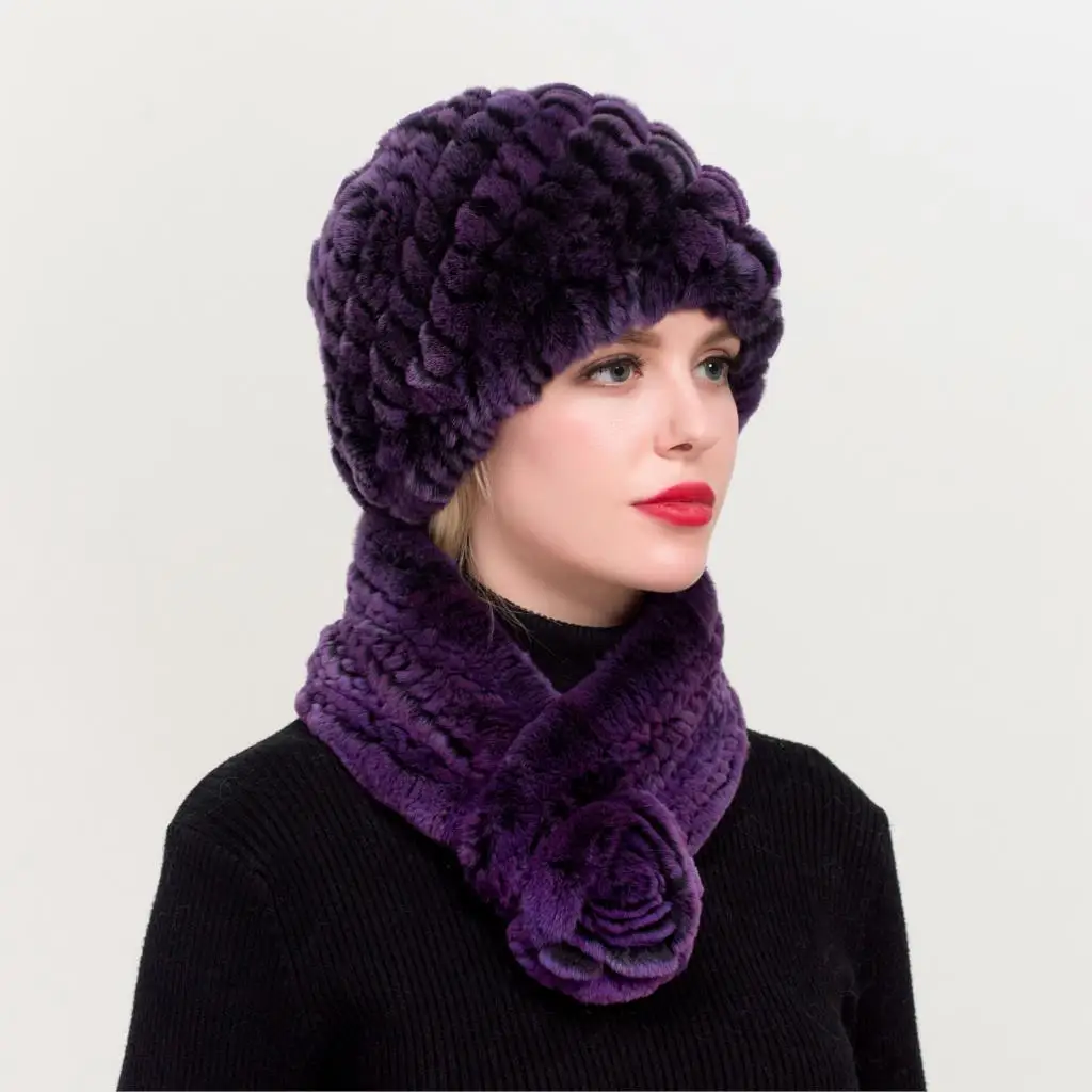ZDFURS* зимний женский Настоящий мех кролика шапка шарф 2 шт. набор ручной вязки из натурального кроличьего меха шапки брендовая модная шапка шарф - Цвет: purple