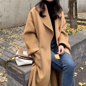 

Women's Winter Double Breasted real lamb Woolen Blend Long Pea Coats outerwear