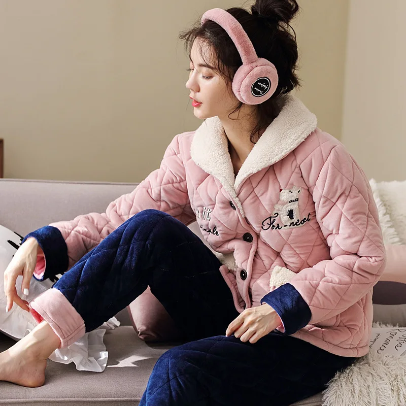 

Jb198015 2019 New Style Winter Women's Thick Quilted Flannel Pajamas Homewear Set