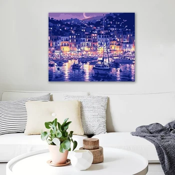 

DIY Coloring paint by numbers Town night scene paintings by numbers with kits 40x50 framed