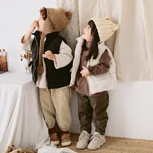 Г. Осень-зима, стиль, однотонный Детский пуховик Одежда с хлопковой подкладкой жилет со стоячим воротником для мужчин и женщин