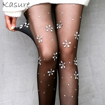 

KASURE Women Transparent Flower Rhinestone High Weist Mesh Legging Crystal Stone Thigh High Fishnet Grid Stockings