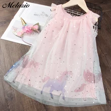 Летнее платье с единорогом для девочек; детское праздничное платье без рукавов с цветочным рисунком для дня рождения; детская одежда принцессы; повязка на голову