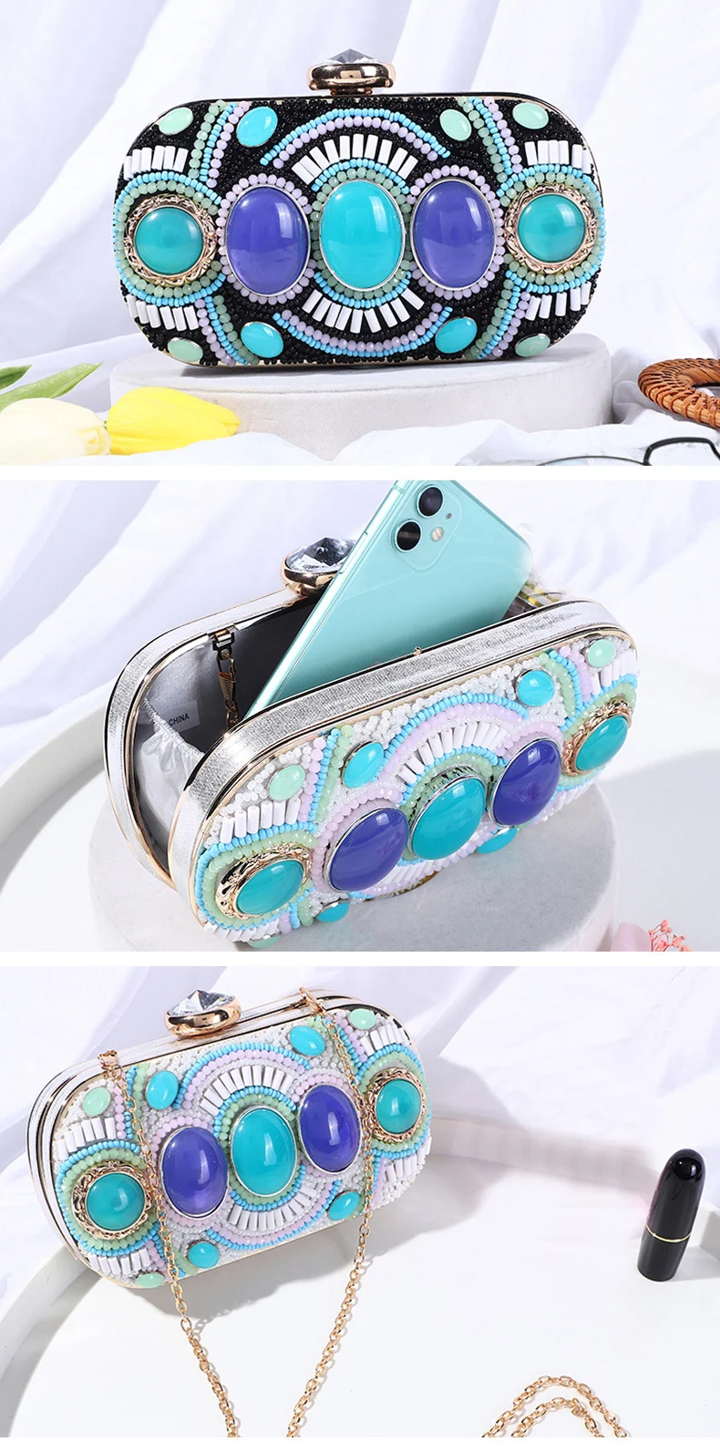 Luxy Moon Blue Gem Boho Beads Evening Clutch Bag Front View